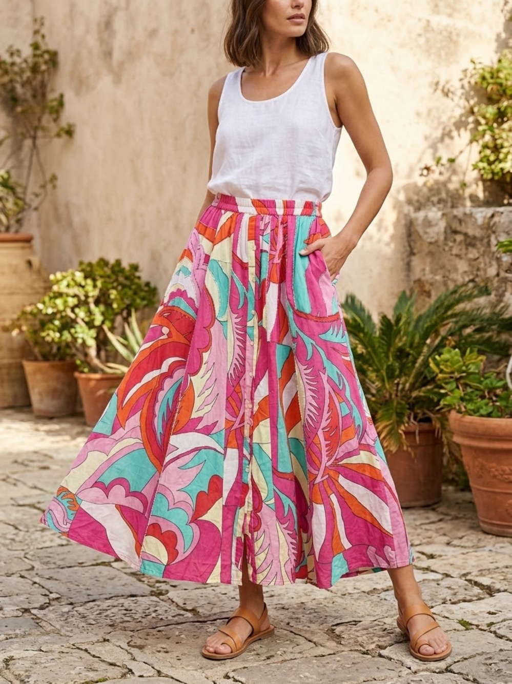 AYFËE Florence Women's Size M Colorful Abstract Maxi Skirt Button Front NWT